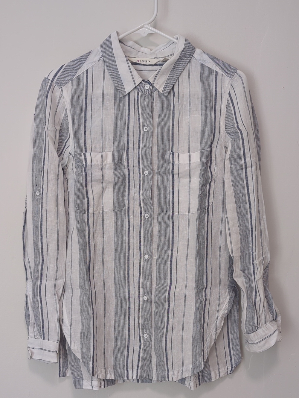 Athleta Linen White with Blue Stripes Button-Up Shirt